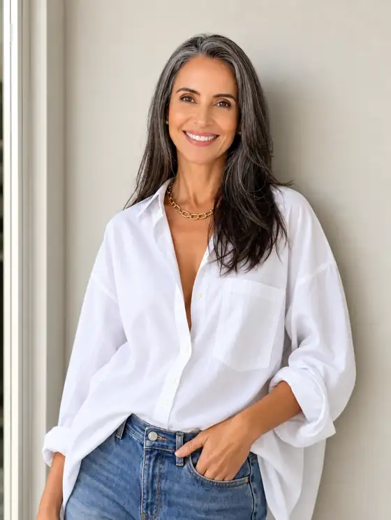 Ana Hilbk, sorrindo, de camisa branca